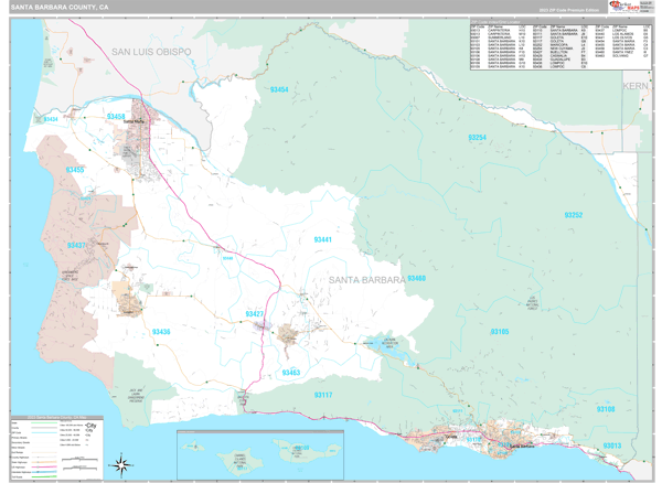 Santa Barbara County Wall Map Premium Style